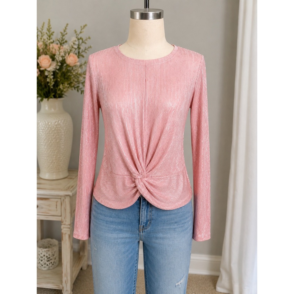 Evolutionary Pink Metallic Plisse Twist Front Long Sleeve Top Blouse Medium
